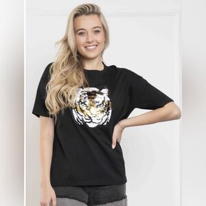BlueVelvet Black Tee with Sequin Tiger - Size S